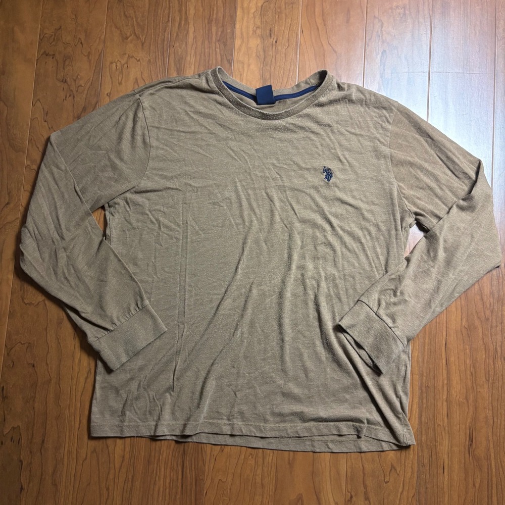US Polo Assn Mens Large Long Sleeve T-Shirt Brown Heathered Crewneck Logo Tee